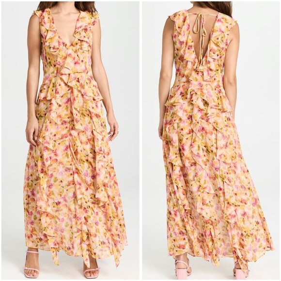 NWT MISA Claudita Pink Floral Ruffle Maxi Dress $490 - Picture 1 of 15